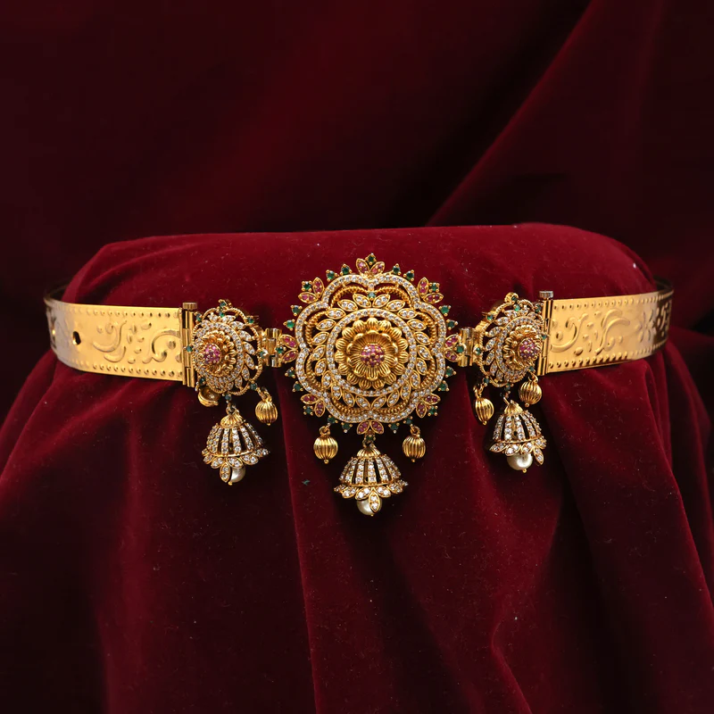Gold Look Flower Jhumka Drops AD Diamond Look Adjustable Kids Hipbelt